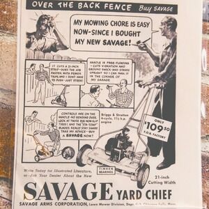 1950 Savage Yard Chief Lawn Mower Over the Back Fence Original Vtg PRINT AD